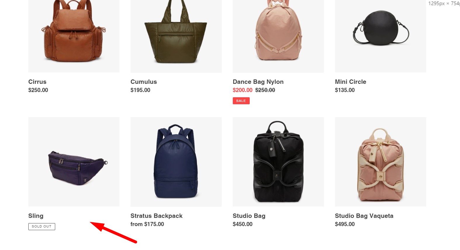 Multiple bags on an e-commerce web page.