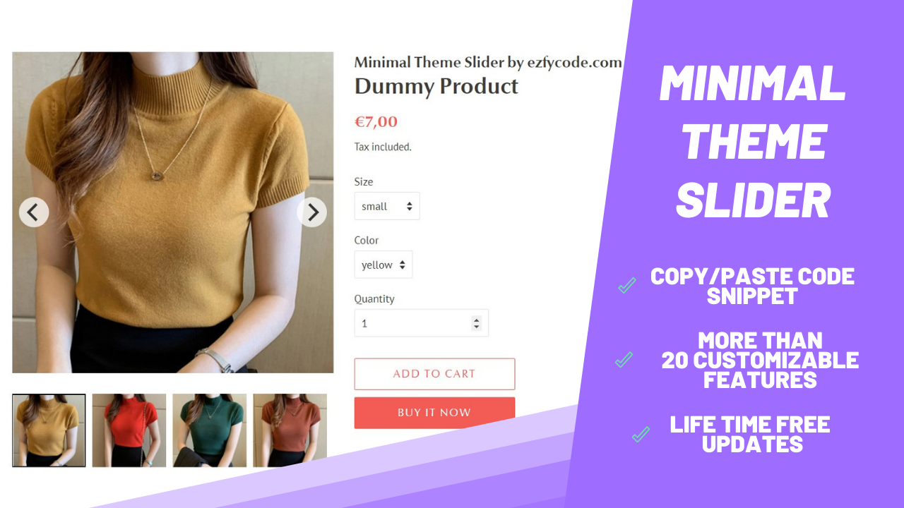 Minimal Slider made by ezfycode.com. Picture of a woman wearing a yellow tshirt on the left side.