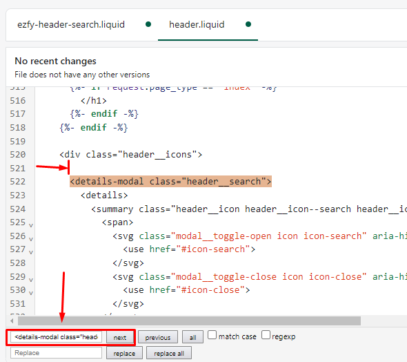 Finding the location of the header__search in the header.liquid file