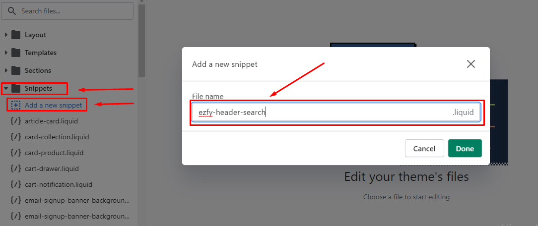 Creating the ezfy-header-search.liquid snippet file in the code editor